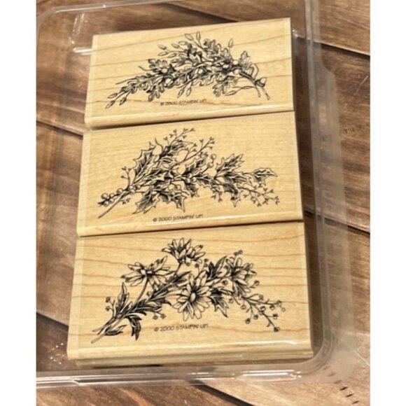 2000 STAMPIN' UP! SEASONAL SPRAYS Wood Mounted Rubber Stamp set of 3 HOLLY BERRY - Picture 1 of 5